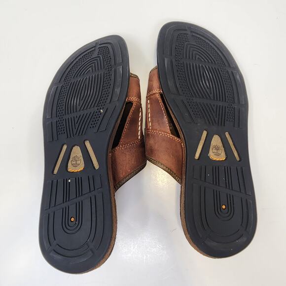 Timberland Men Brown Leather Slip On Sandals Slides Size 8M Open Toe Cushioned